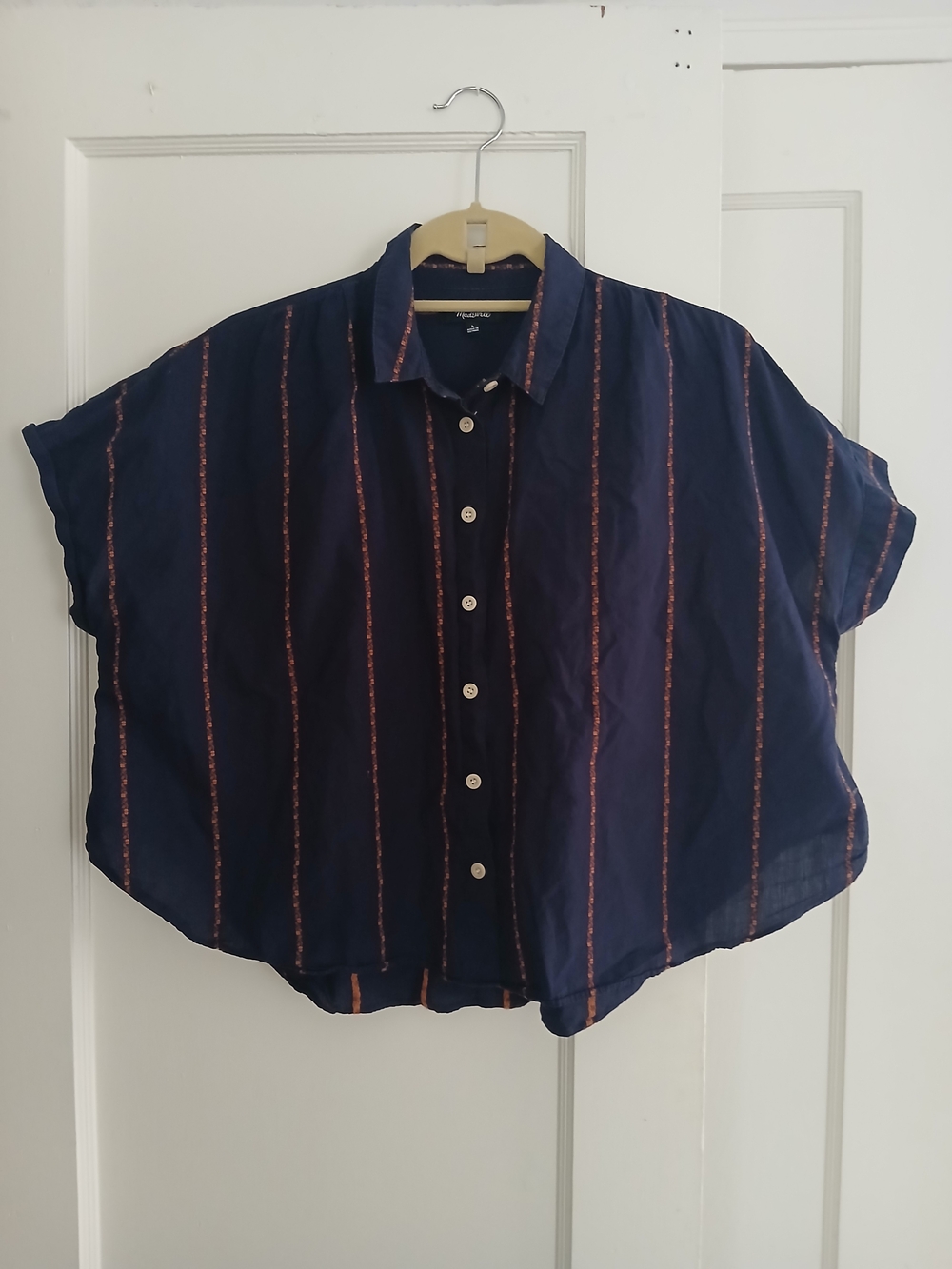 Madewell Navy Button Down Crop Top with Embroidered Stripe Size L